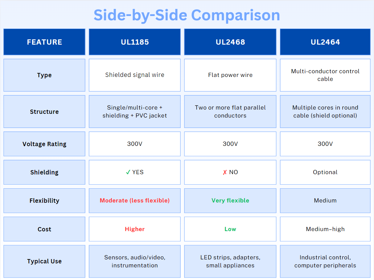 Comparison of UL1185, UL2468, and UL2464 Wires Structure, Performance, and Applications